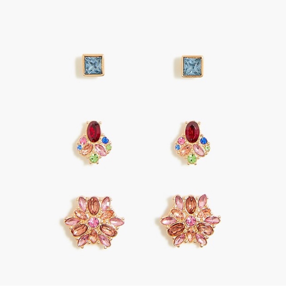 NWT JCrew Set of Three Crystal Stud Earrings, Blue, Pink and Multi-Color, NIB!